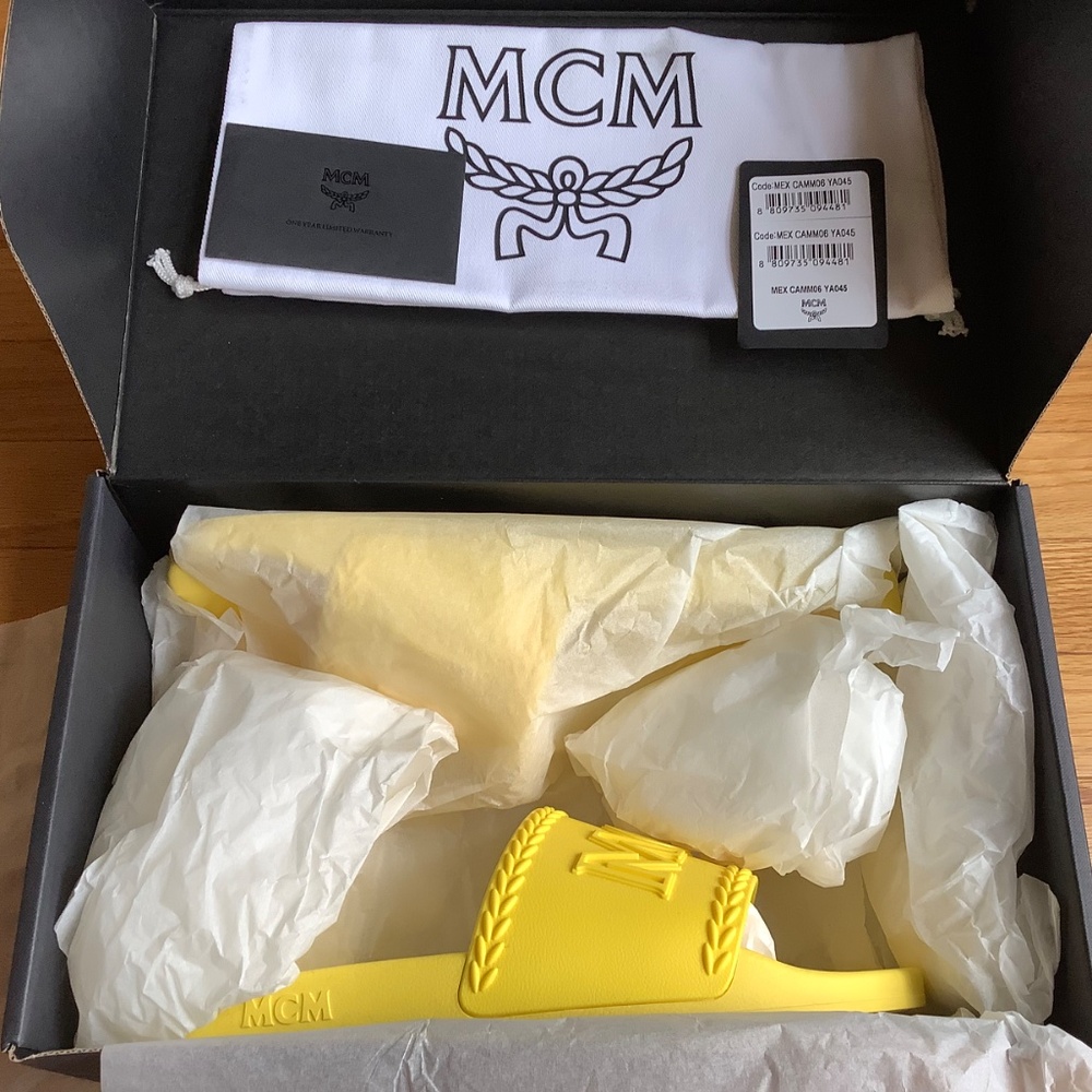 MCM Logo Slide Sandals Yellow SZ12 - Picture 14 of 16